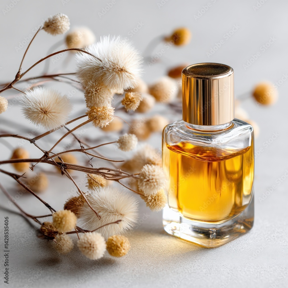 Elegant Glass Bottle of Perfume Surrounded by Delicate Flowers