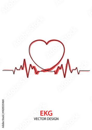Red colored vector line simple illustration. Heartbeat line on ekg monitor with heart symbol in outline style, modern design. Black one continuous line vector illustration isolated on white.