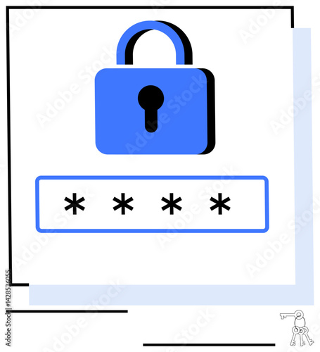 Blue padlock above obscured password field signifies digital security and privacy. Ideal for cybersecurity, encryption, authentication, protection, login systems, safe access, and privacy. Flat