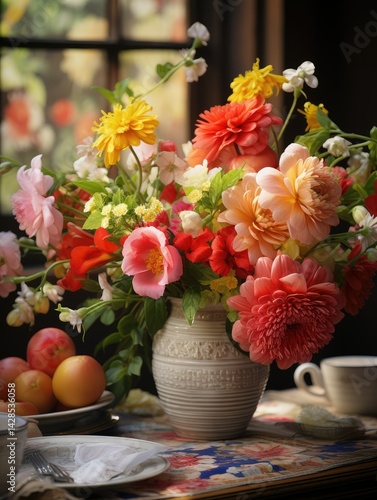 Wallpaper Mural A colorful floral arrangement in a vase on a table with fruit and dishes near a window background Torontodigital.ca