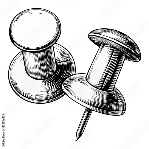 Vintage sketch of two push pins on white background  
