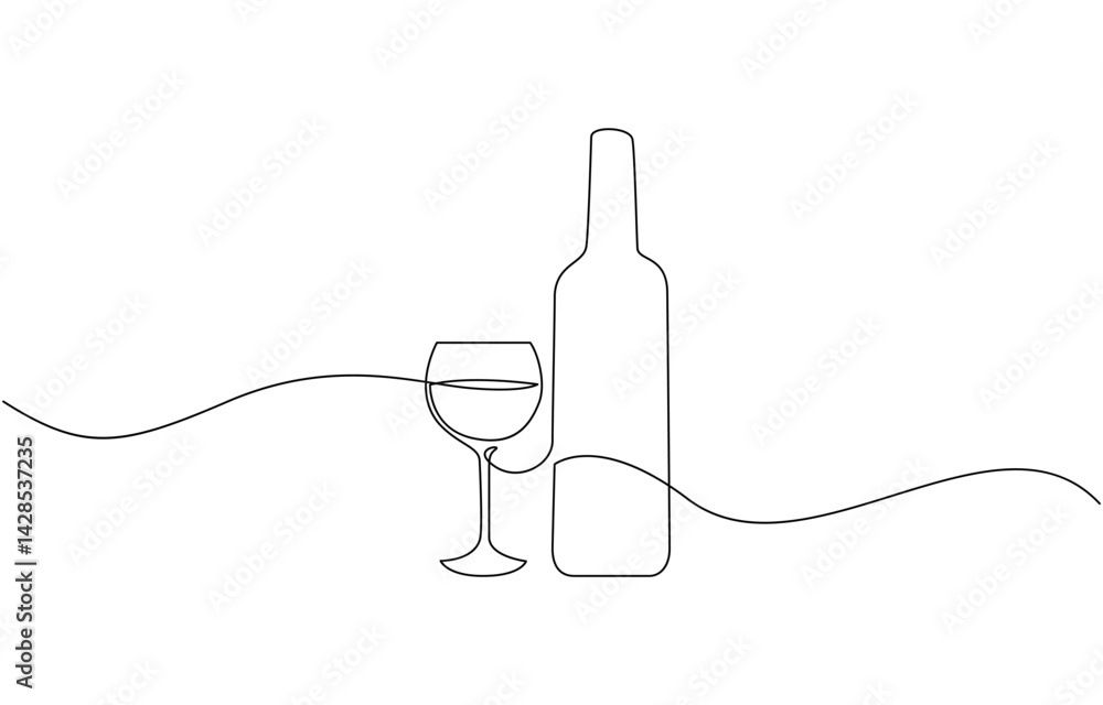 Fototapeta premium Wine bottle and wine glass drawing with one continuous line, Continuous line one drawing of wine bottle with wineglass. Minimalist linear sketch of alcohol drink in glass and bottle. 