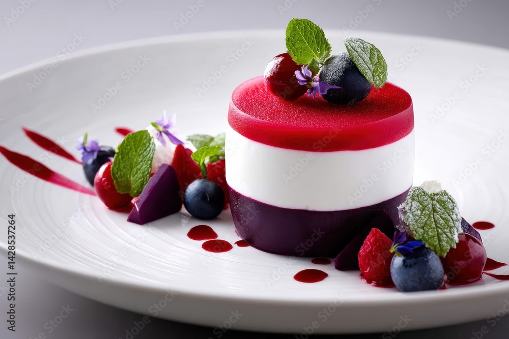 Elegant Layered Dessert with Berries and Mint on White Plate