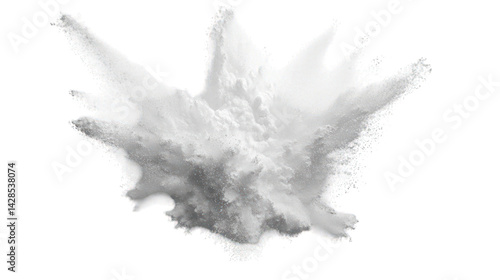 A digital image of a white, exploding powder cloud, showcasing a dynamic burst of force.