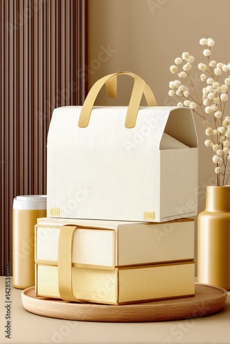 Elegant Packaging Display with Boxes and Natural Decor Elements