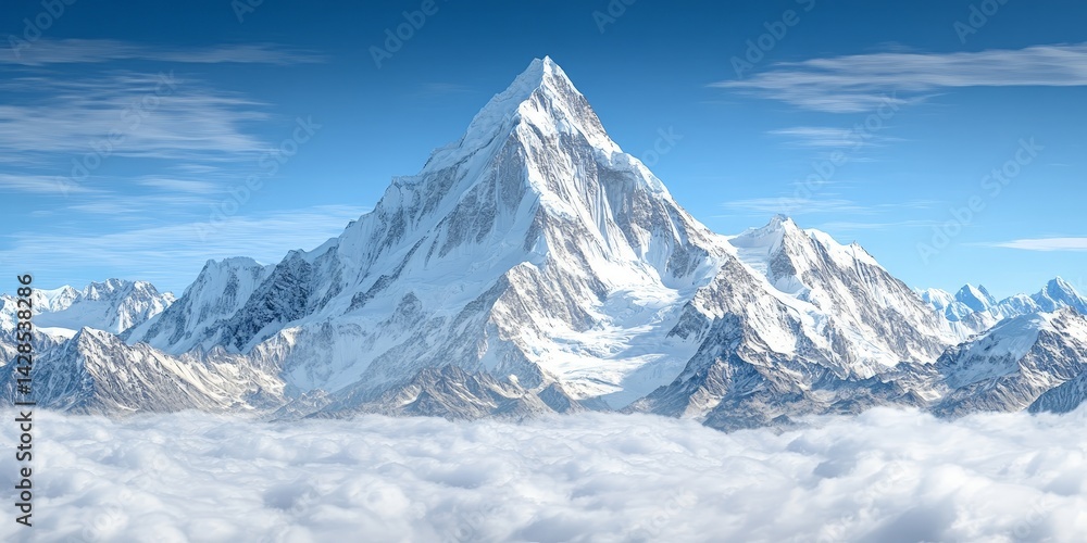 Obraz premium Majestic Snow-Covered Mountain Peak: An Untouched Winter Wonderland in the High Altitude Landscape