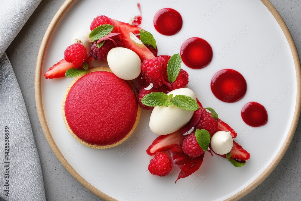 Elegant Red Dessert Plated with Fresh Berries and Mint Garnish