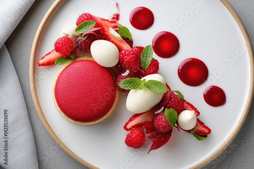 Obraz na płótnie Elegant Red Dessert Plated with Fresh Berries and Mint Garnish w salonie