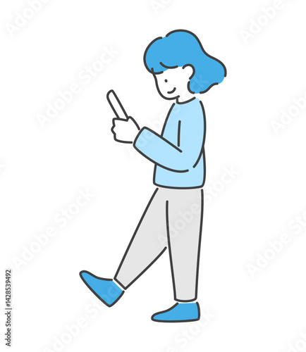 立ってスマホを見る女性のイラスト　ベクター

