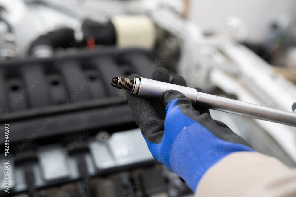 Fototapeta premium Car Mechanic Utilizes Spark Plug Wrench for Efficient Engine Maintenance in a Professional Workshop Setting
