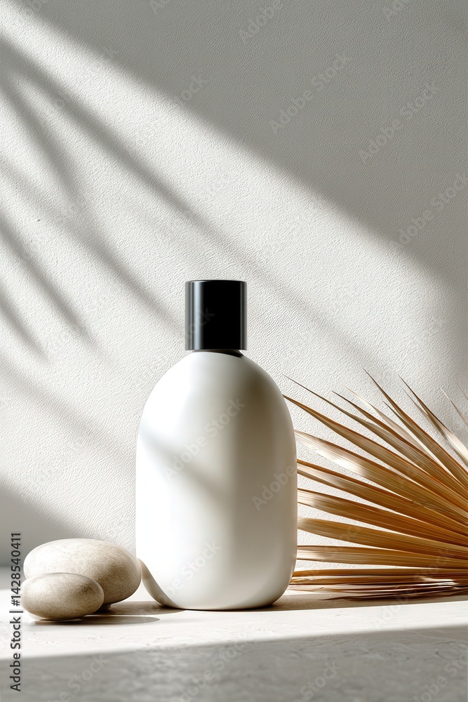 Elegant White Bottle with Minimalist Design and Natural Elements