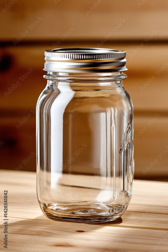 Empty glass jar with metal lid on wooden table background