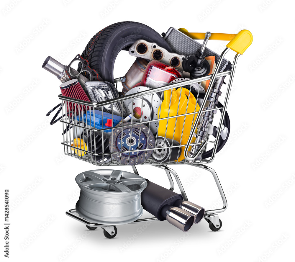 yellow online shopping cart or shop cart filled with various automotive parts, including oil and air filters, lights, wheels, disc brake and components isolated on white background