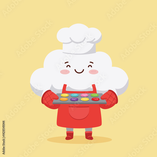 Cute cloud character baking colorful cookies with chef hat and red apron vector illustration 
