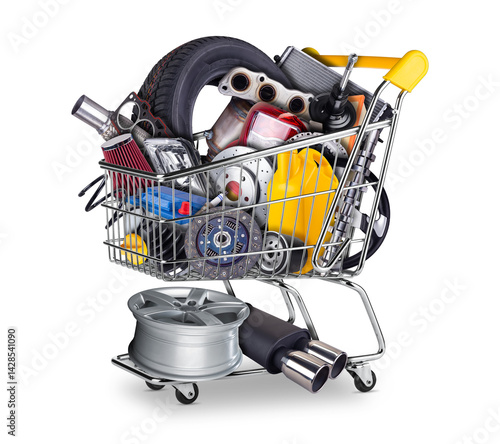 Obraz na płótnie yellow online shopping cart or shop cart filled with various automotive parts, including oil and air filters, lights, wheels, disc brake and components isolated on white background w salonie