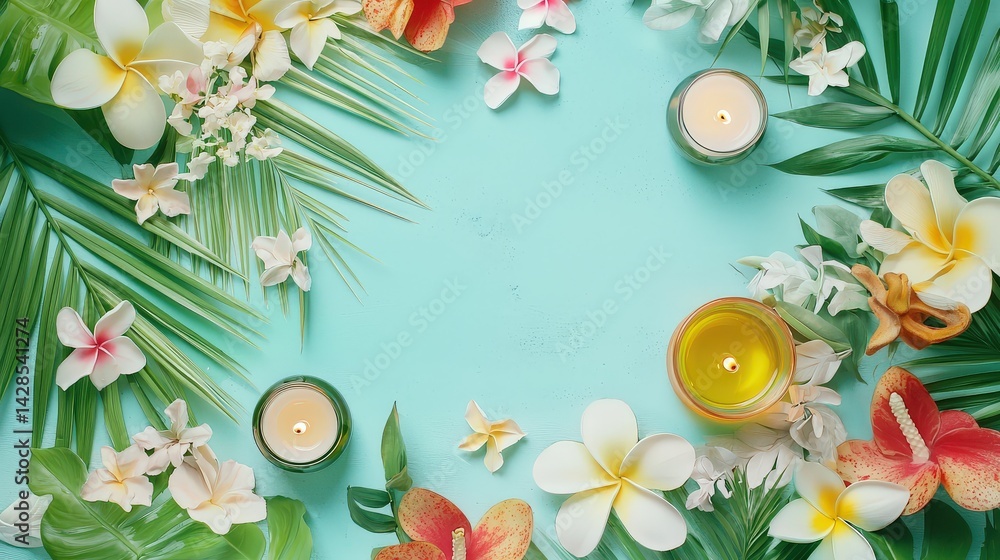Flat-lay of tropical spa setting with bamboo mats, herbal oils, candles, and exotic flowers creating a wellness retreat vibe Flat-lay of tropical spa setting with bamboo mats, herbal oils, candles, and exotic flowers creating a wellness retreat vibe