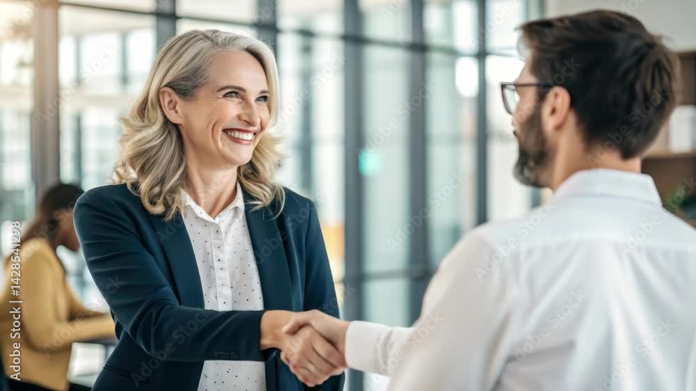 Smiling Professionals Collaborate in Modern Office with Handshake and Positive Business Engagement Smiling Professionals Collaborate in Modern Office with Handshake and Positive Business Engagement
