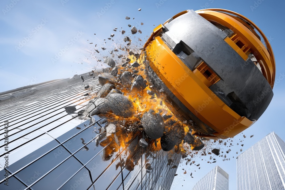 Explosive Demolition of Modern Building with Flying Debris in Urban Setting