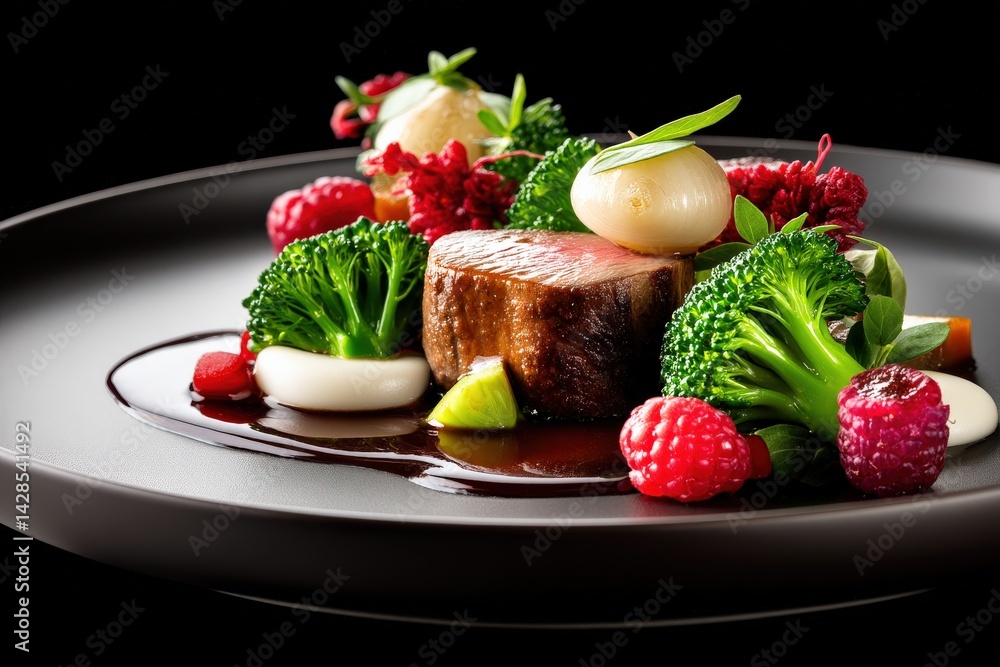Exquisite Gourmet Dish with Beef, Broccoli, and Fresh Berries