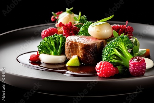 Obraz na płótnie Exquisite Gourmet Dish with Beef, Broccoli, and Fresh Berries w salonie