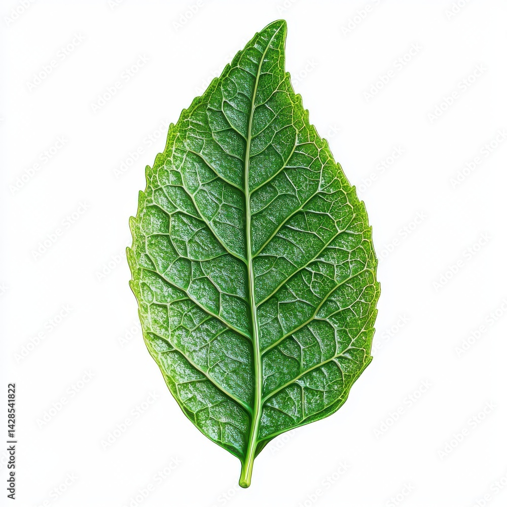 Close up of a single green leaf with intricate vein patterns visible isoleted on white background Close up of a single green leaf with intricate vein patterns visible isoleted on white background