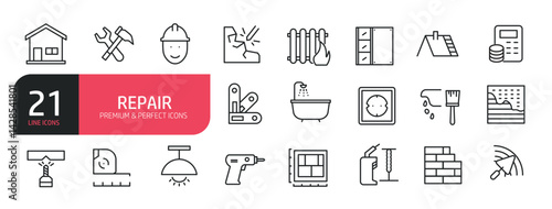 Set of line icons related to house, repair, screwdriver, engineer, support, setup. Outline icons collection. Editable stroke. Vector illustration.