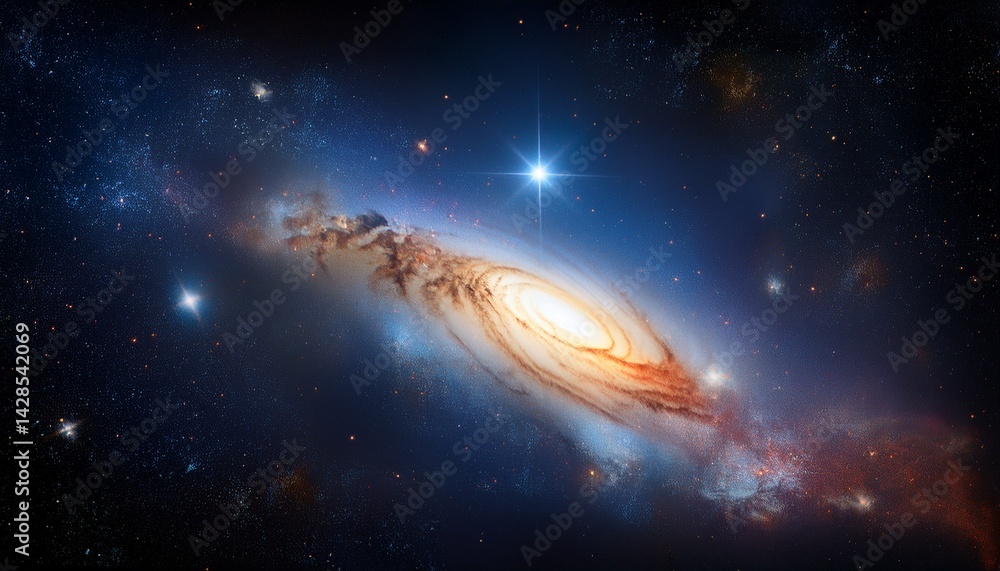Naklejka premium Spiral Galaxy, Cosmic Dust, Stars, Nebula, Celestial, Space, Universe, Bright Star, Deep Space, Astr