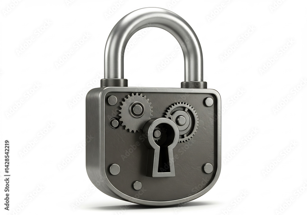 Detailed Closeup of a Grey Metal Padlock with Visible Gears and Keyhole Detailed Closeup of a Grey Metal Padlock with Visible Gears and Keyhole