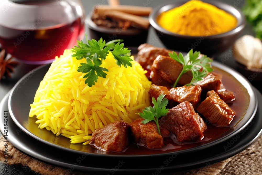 Flavorful Yellow Rice with Tender Meat and Fresh Herb Garnish