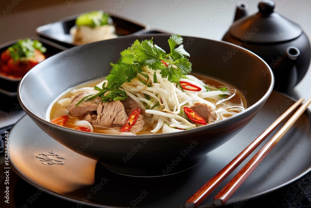 Flavors of Asian Cuisine with Noodles, Beef, and Fresh Herbs