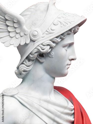 Close-up of a Marble Hermes Bust Ancient Greek Mythology, Winged Helmet, Sculpting Detail
