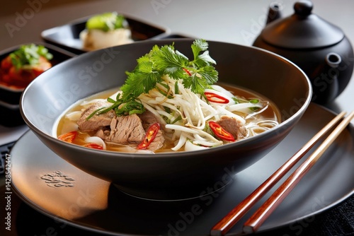 Obraz na płótnie Flavors of Asian Cuisine with Noodles, Beef, and Fresh Herbs w salonie