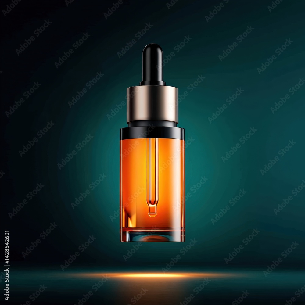 Floating Glass Dropper Bottle with Amber Liquid on Dark Background
