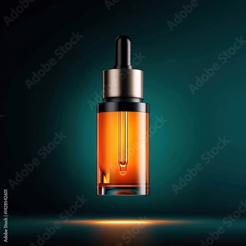 Obraz na płótnie Floating Glass Dropper Bottle with Amber Liquid on Dark Background w salonie