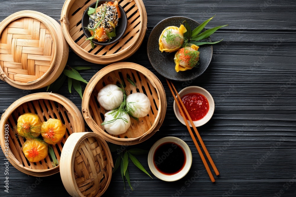 Fresh and Colorful Asian Dumplings on a Dark Wooden Table