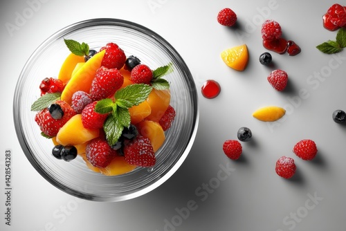 Obraz na płótnie Fresh and Colorful Fruit Salad with Berries and Mint Leaves w salonie