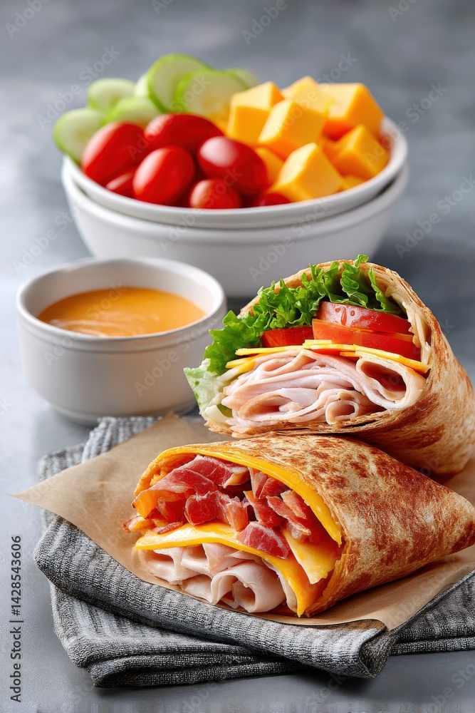 Fresh and Colorful Wraps with Vegetables and Dipping Sauce