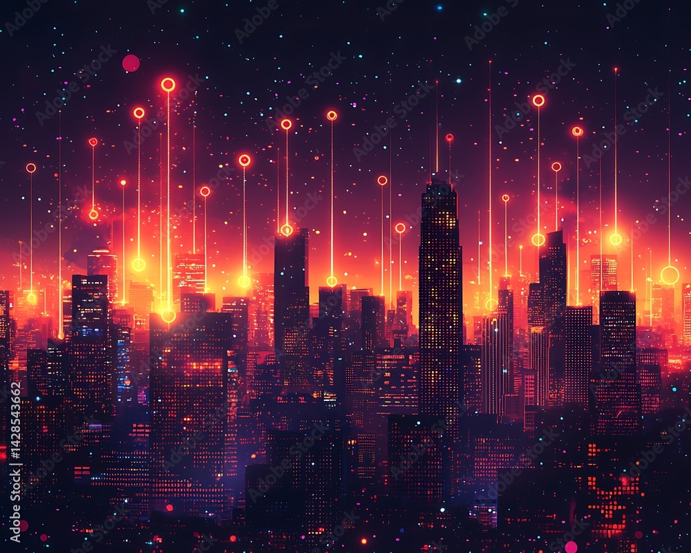 Fototapeta premium Futuristic city at night, glowing lines connect skyscrapers