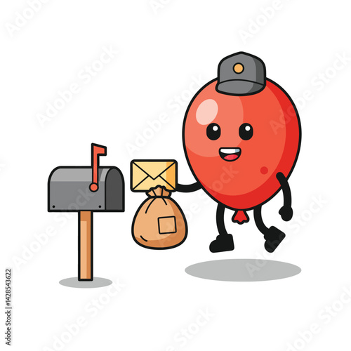 Red Balloon Mail Carrier Cartoon Character Delivering Envelope to Mailbox Vector Illustration 
