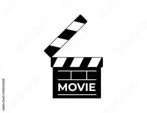 Movie сlapperboard icon labeled "Movie". Cinema sticker, element for film, content creation, production themes.