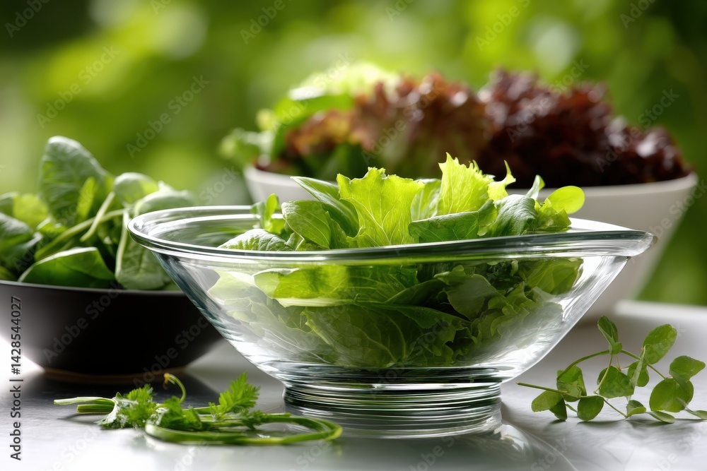 Fresh and Vibrant Salad Greens in Glass Bowl with Background Foliage