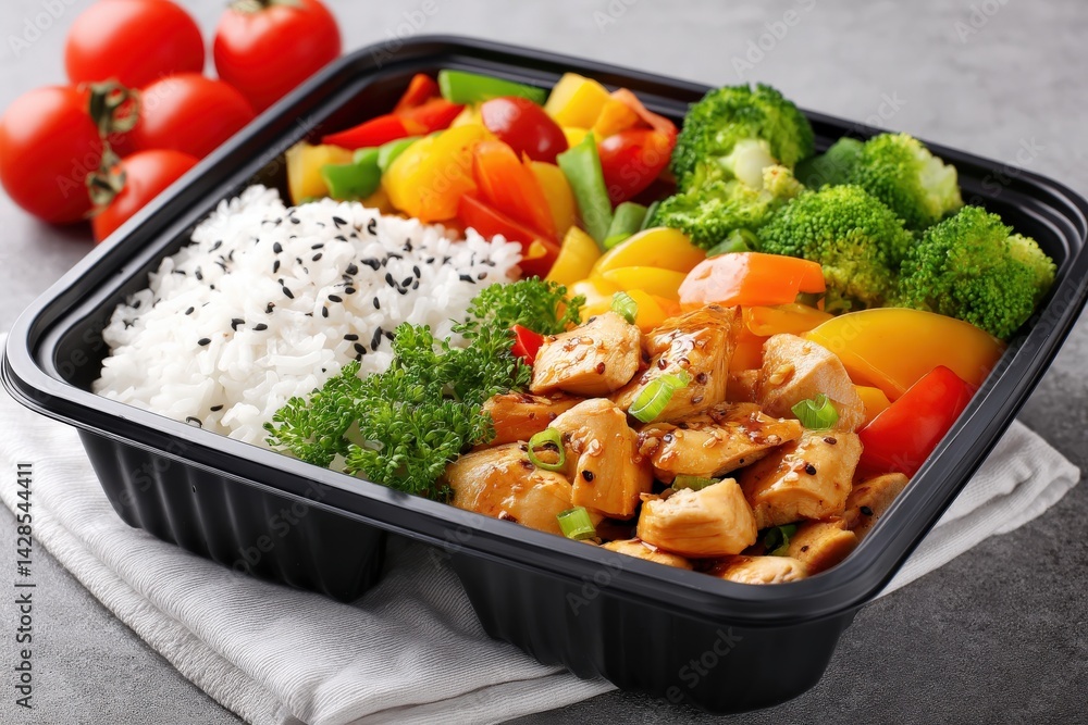 Fresh Chicken and Vegetable Meal with Rice in Black Container