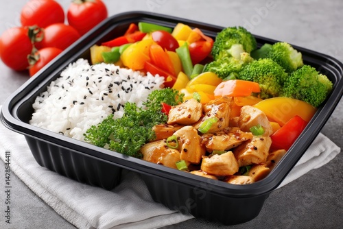 Obraz na płótnie Fresh Chicken and Vegetable Meal with Rice in Black Container w salonie