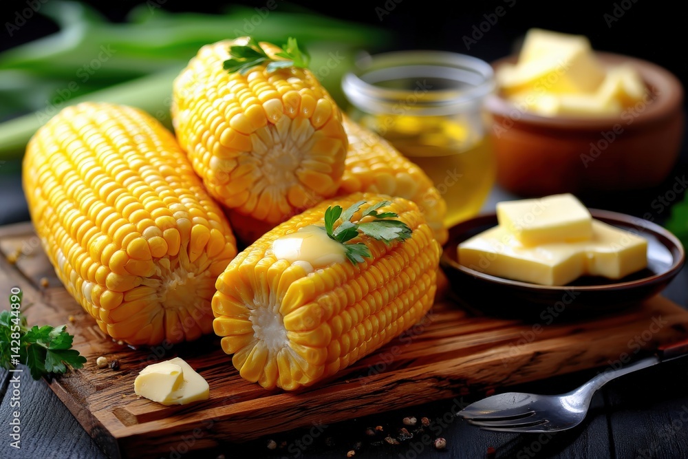Fresh Corn on the Cob with Butter on a Wooden Cutting Board