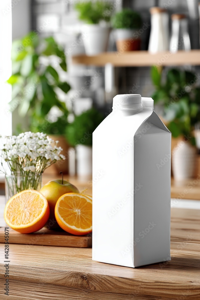 Fresh Fruit and Empty Milk Carton on Wooden Table with Greenery