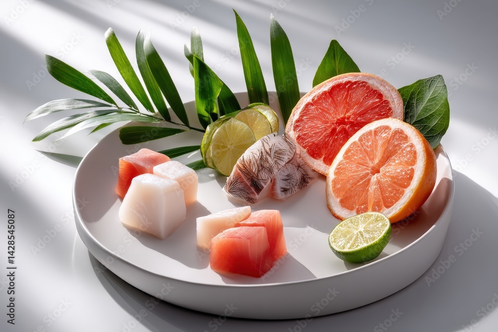 Fresh Fruit and Colorful Cubes on a Plate with Green Leaves