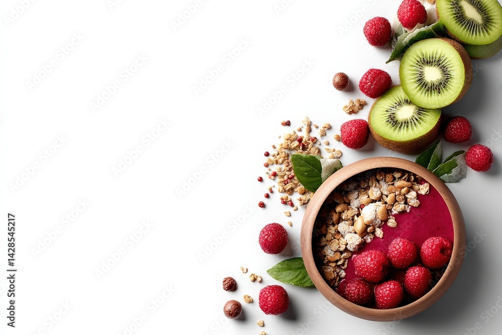 Fresh Fruit and Granola Bowl with Raspberries and Kiwi Slices