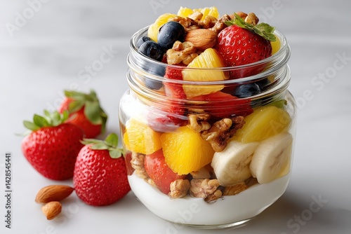 Obraz na płótnie Fresh Fruit Parfait with Yogurt and Granola in Glass Jar w salonie