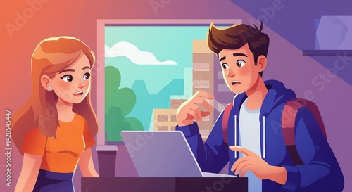 An illustration of teenagers discussing a project indoors with a laptop and an urban view in the background suitable for educational content and teamwork discussions