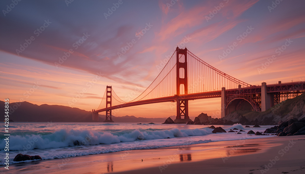 Fototapeta premium Golden Gate Bridge at Sunset with Gentle Waves and a Painted Sky
